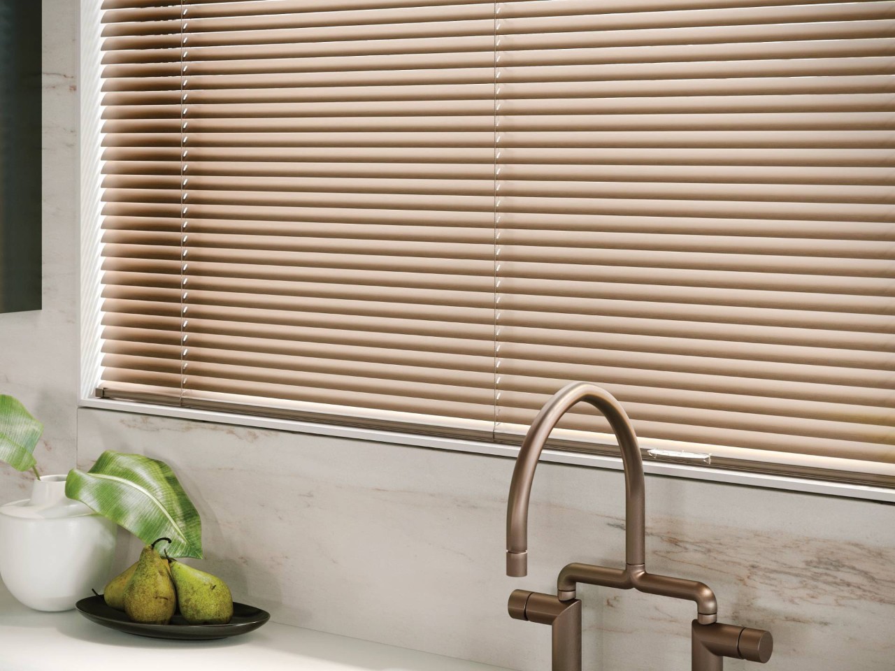 Hunter Douglas Modern Precious Metals® Mini Blinds in a kitchen near Tucson, AZ.