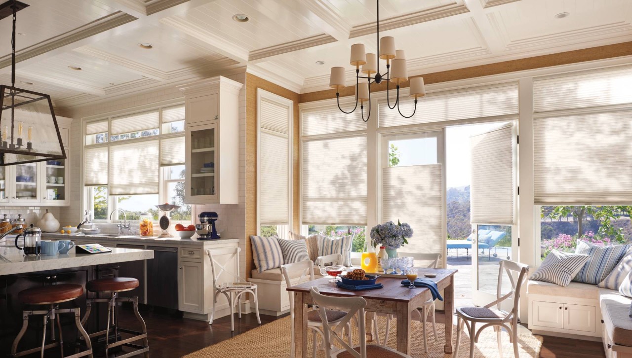 Hunter Douglas patio door shades complementing a Tucson, AZ, kitchen at The Blind Guys near Tucson, AZ